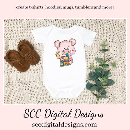 Sweet Pigs at the Beach Clipart, Pigs with Seashells, Sand Toys and a Beach Ball PNGs, Create Party Printables, Kids Tees, or Sippy Cups