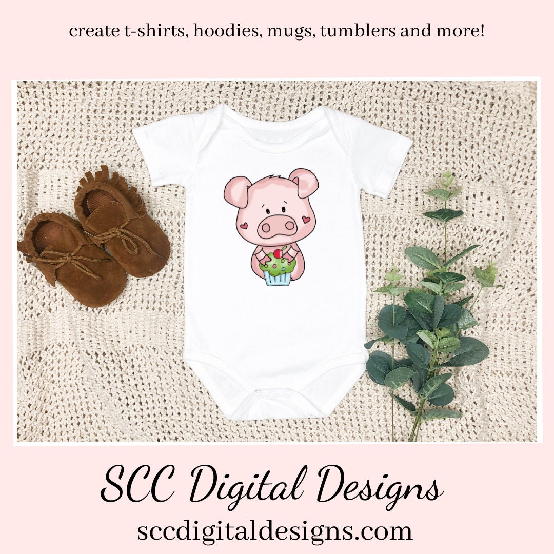 Sweet Pigs and Cupcakes Clipart, Pig with Cupcake, Fruit and Baking Equipment, Create Kitchen Towels, Tees and Mugs,  Scrapbook Elements