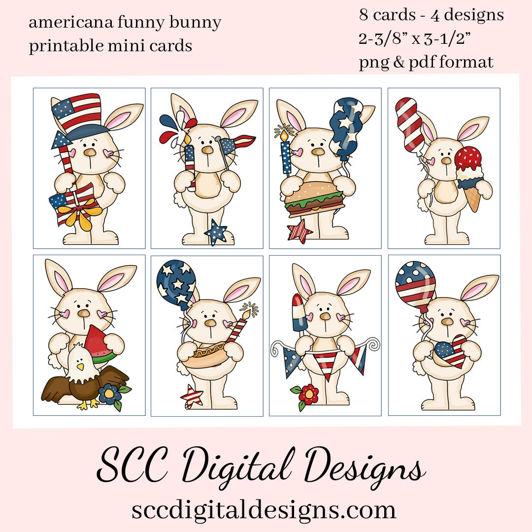 Americana Funny Bunny Printable Mini Cards - 8 Mini Cards With 4 Images - Instant Download - Create July 4th Invites and More!