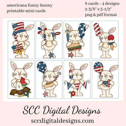 Americana Funny Bunny Printable Mini Cards - 8 Mini Cards With 4 Images - Instant Download - Create July 4th Invites and More!