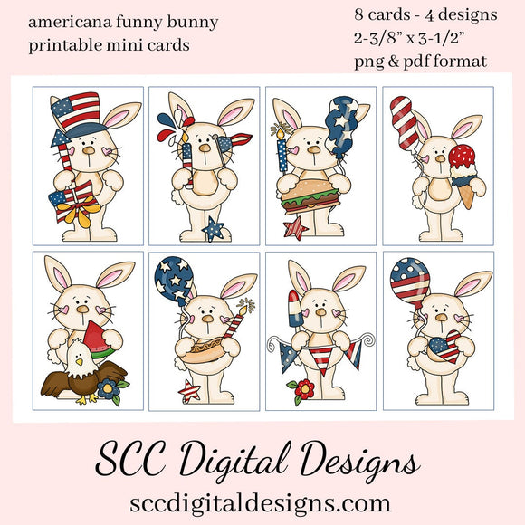 Americana Funny Bunny Printable Mini Cards - 8 Mini Cards With 4 Images - Instant Download - Create July 4th Invites and More!