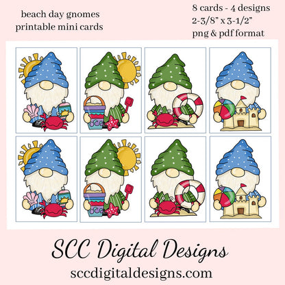 Beach Day Gnome Printable Mini Cards - 8 Mini Cards With 4 Images - Instant Download - Create Beach Theme Party Invites or Greeting Cards