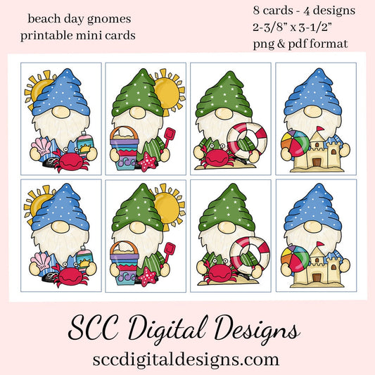 Beach Day Gnome Printable Mini Cards - 8 Mini Cards With 4 Images - Instant Download - Create Beach Theme Party Invites or Greeting Cards