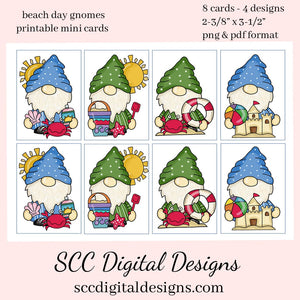 Beach Day Gnome Printable Mini Cards - 8 Mini Cards With 4 Images - Instant Download - Create Beach Theme Party Invites or Greeting Cards