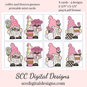 Coffee & Flowers Gnome Printable Mini Cards - 8 Mini Cards With 4 Images, Instant Download, Create Gift Card for the Baristas or Java Lover