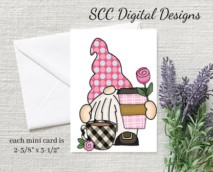 Coffee & Flowers Gnome Printable Mini Cards - 8 Mini Cards With 4 Images, Instant Download, Create Gift Card for the Baristas or Java Lover
