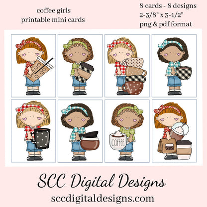 Coffee Girls Printable Mini Cards - 8 Mini Cards With 4 Images, Instant Download, Create Gift Card for the Baristas or Java Lover