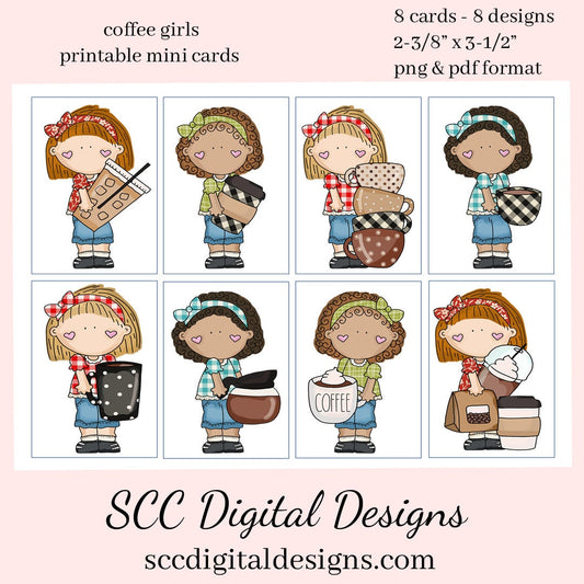Coffee Girls Printable Mini Cards - 8 Mini Cards With 4 Images, Instant Download, Create Gift Card for the Baristas or Java Lover