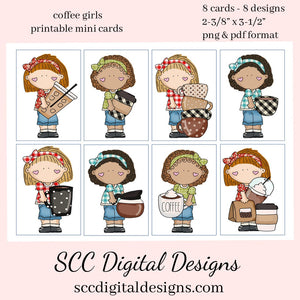 Coffee Girls Printable Mini Cards - 8 Mini Cards With 4 Images, Instant Download, Create Gift Card for the Baristas or Java Lover