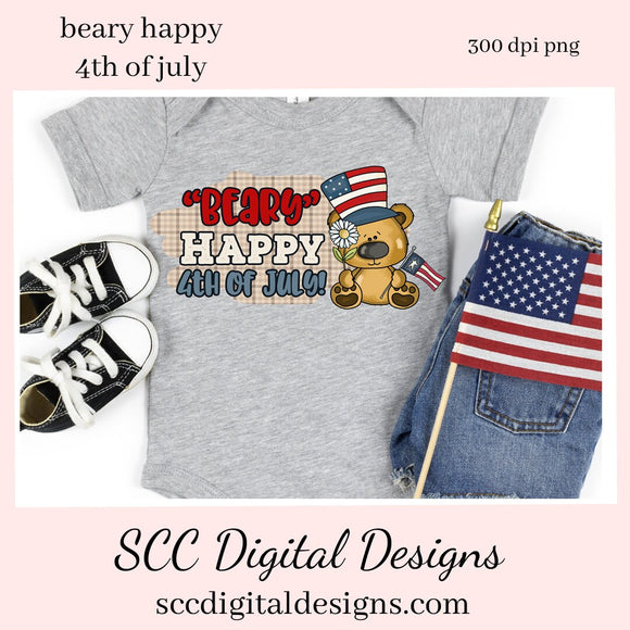 Beary Happy 4th of July Clipart, Whimsical Bear with American Flag, Create T-Shirts, Hoodies, Mug, Tumblers, and Party Printables