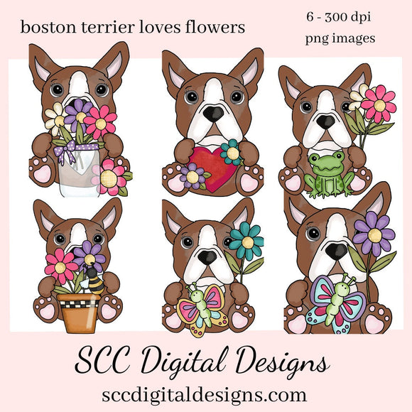 Red Boston Terrier Loves Flowers Clipart, Create Printable Greeting Cards, Tags, T-Shirts, Hoodies, Mugs, Tumblers, or Sippy Cups, Dog Lover, Boston Love