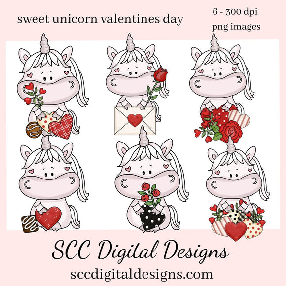 Sweet Unicorns Valentines Day Clipart - Unicorn with Flowers, Roses, Chocolate Candy, Hearts, Create Kitchen Towels, Shirts, Hoodies, Tumblers Mugs, Scrapbook Elements, Kid's Valentine Party Tags & More!