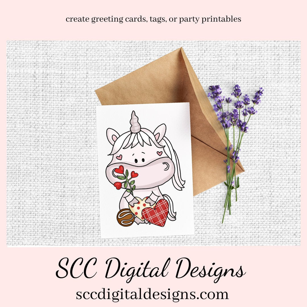 Sweet Unicorns Valentines Day Clipart - Unicorn with Flowers, Roses, Chocolate Candy, Hearts, Create Kitchen Towels, Shirts, Hoodies, Tumblers Mugs, Scrapbook Elements, Kid's Valentine Party Tags & More!