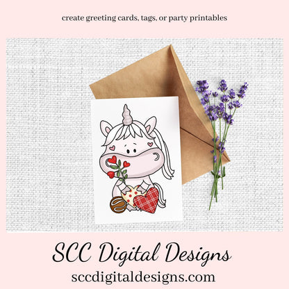 Sweet Unicorns Valentines Day Clipart - Unicorn with Flowers, Roses, Chocolate Candy, Hearts, Create Kitchen Towels, Shirts, Hoodies, Tumblers Mugs, Scrapbook Elements, Kid's Valentine Party Tags & More!