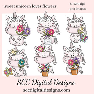 Sweet Unicorns Loves Flowers Clipart - Unicorn with Spring Flower, Butterfly and Bees, Create Kitchen Towels, Shirts, Hoodies, Tumblers Mugs, Scrapbook Elements, Kid's Valentine Party Tags & More!
