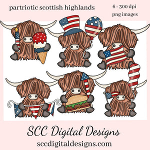 Patriotic Scottish Highland Cow Clipart - Red, White & Blue Flag, Fireworks, Americana Hat PNGs, Create Kitchen Towels, Shirts, Hoodies, Tumblers Mugs, Dog Lover Gifts, Scrapbook Elements, Kid's Party Tags & More!
