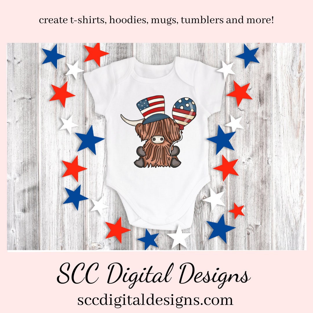 Patriotic Scottish Highland Cow Clipart - Red, White & Blue Flag, Fireworks, Americana Hat PNGs, Create Kitchen Towels, Shirts, Hoodies, Tumblers Mugs, Dog Lover Gifts, Scrapbook Elements, Kid's Party Tags & More!
