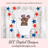 Patriotic Scottish Highland Cow Clipart - Red, White & Blue Flag, Fireworks, Americana Hat PNGs, Create Kitchen Towels, Shirts, Hoodies, Tumblers Mugs, Dog Lover Gifts, Scrapbook Elements, Kid's Party Tags & More!