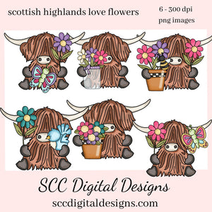 Scottish Highland Cow Loves Flowers Clipart - Cows with Butterflies, Flowers & Bird PNGs - Create Kitchen Towels, Shirts, Hoodies, Tumblers, Mugs, Scrapbook Elements, Kid's Party Printables, Greeting Cards, Tags & More!