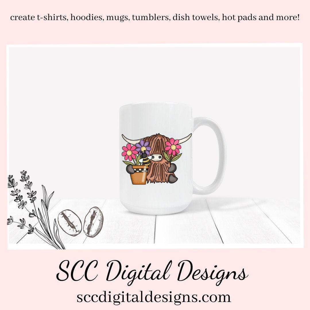 Scottish Highland Cow Loves Flowers Clipart - Cows with Butterflies, Flowers & Bird PNGs - Create Kitchen Towels, Shirts, Hoodies, Tumblers, Mugs, Scrapbook Elements, Kid's Party Printables, Greeting Cards, Tags & More!
