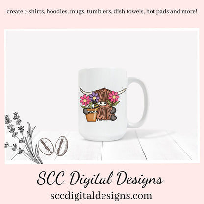 Scottish Highland Cow Loves Flowers Clipart - Cows with Butterflies, Flowers & Bird PNGs - Create Kitchen Towels, Shirts, Hoodies, Tumblers, Mugs, Scrapbook Elements, Kid's Party Printables, Greeting Cards, Tags & More!