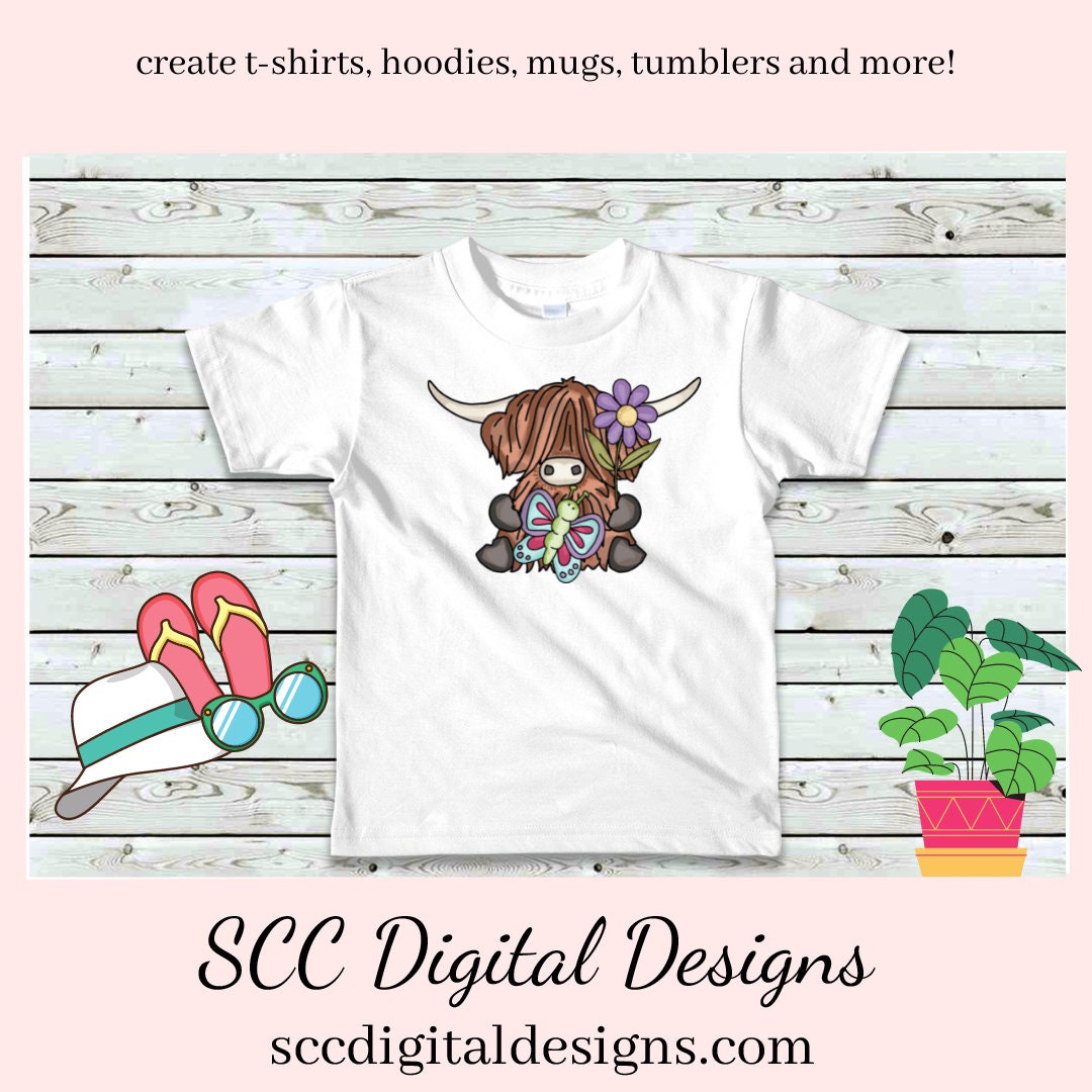Scottish Highland Cow Loves Flowers Clipart - Cows with Butterflies, Flowers & Bird PNGs - Create Kitchen Towels, Shirts, Hoodies, Tumblers, Mugs, Scrapbook Elements, Kid's Party Printables, Greeting Cards, Tags & More!