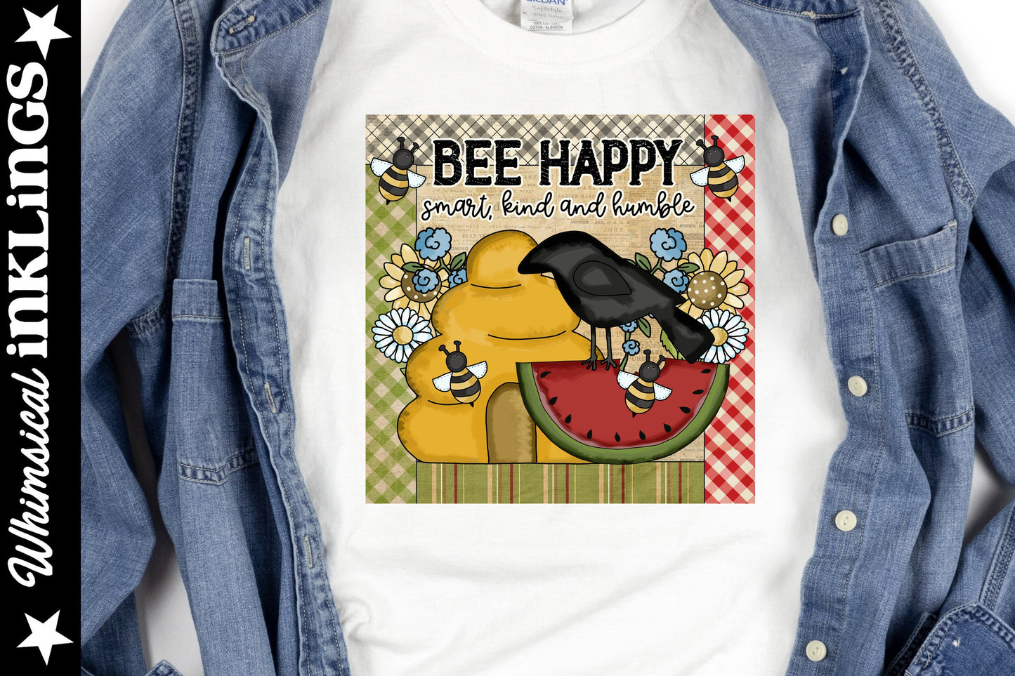 Be Happy Smart Kind Humble Clipart - Prim Scene, Crow, Bee Hive, Bees, Spring Flowers, Create Primitive Home Decor, Wall Art, Kitchen Towels