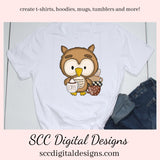 Cute Owls Love Coffee Clipart - Owl with a Latte and Coffee Cup, Create Mugs, Tumblers, T-Shirts, Barista Lover Gifts, Java House Wall Art