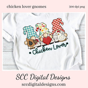 Chicken Lover Gnomes Clipart - Gnome with Chickens, Create Kitchen Towels, Mugs, Tumblers, T-Shirts, Cards & Tags, Chicken Lover Gifts