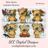 Bitty Bears Summer Flowers Clipart, Bear with Prim Flower, Create Kitchen Towels, Mugs, Tumblers, T-Shirts, Primitive Farmhouse Wall Art