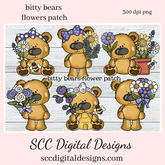 Bitty Bears Flower Patch Clipart, Bear with Prim Flower, Create Kitchen Towels, Mugs, Tumblers, T-Shirts, Primitive Farmhouse Wall Art