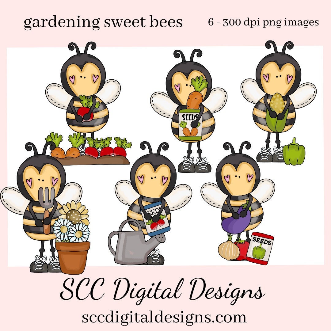 Gardening Sweet Bees Clipart, Garden Bee with Seed Packets, Veggies, and Gardening Tools, Create Kid's T-Shirts, Hoodies, & More!
