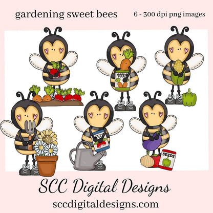 Gardening Sweet Bees Clipart, Garden Bee with Seed Packets, Veggies, and Gardening Tools, Create Kid's T-Shirts, Hoodies, & More!