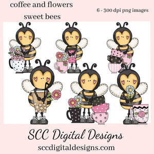 Sweet Bees Coffee & Flowers Clipart, Java Lover Bee with Latte's, Mugs and Spring Flower, Create Tumblers, Mugs, Kitchen Towels and More!