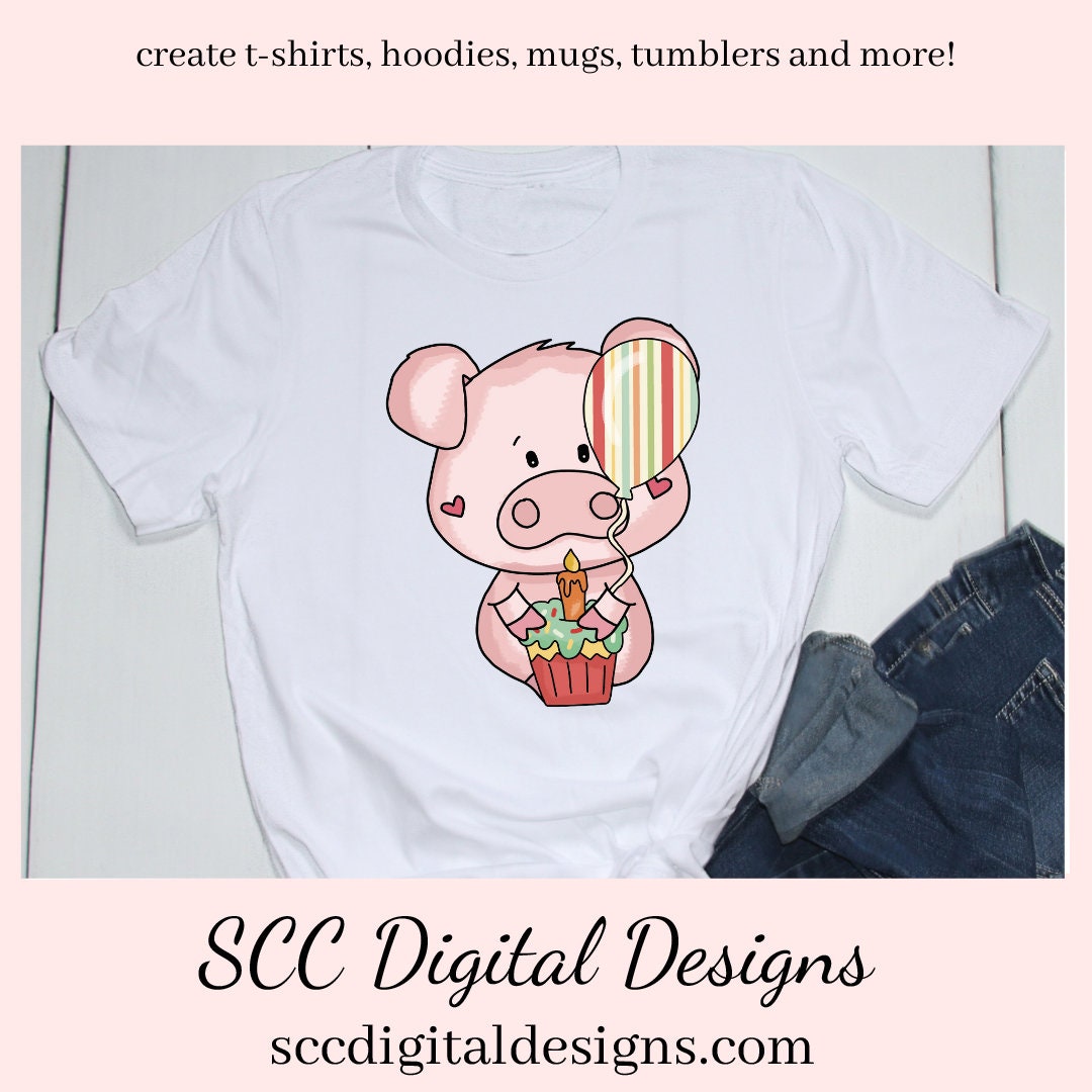 Sweet Pigs Birthday Clipart, Pig with Cupcakes, Balloons & Birthday Presents PNGs, Create Party Printables, Tags and Greeting Cards