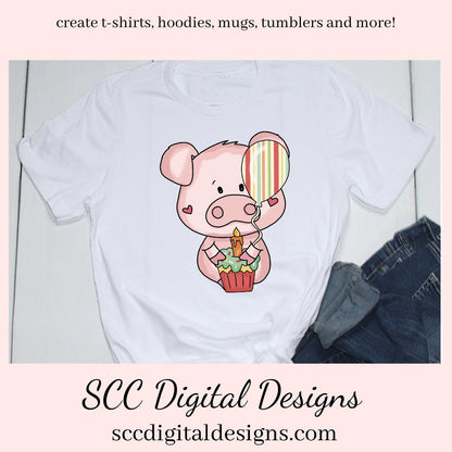 Sweet Pigs Birthday Clipart, Pig with Cupcakes, Balloons & Birthday Presents PNGs, Create Party Printables, Tags and Greeting Cards