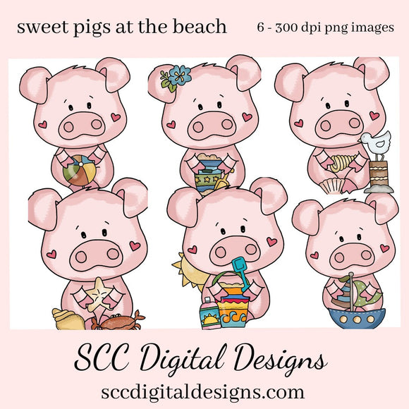 Sweet Pigs at the Beach Clipart, Pigs with Seashells, Sand Toys and a Beach Ball PNGs, Create Party Printables, Kids Tees, or Sippy Cups
