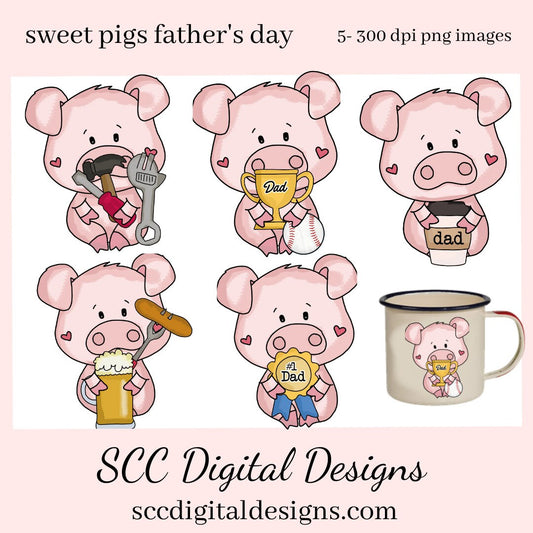 Sweet Pigs Father's Day Clipart, Pigs with Tools, No 1 Dad Sign, Beer and Brats PNGs, Create Greetings Cards or Tags for Dad and Grandpa