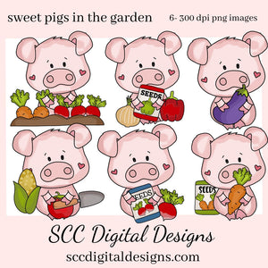 Sweet Pigs in the Garden Clipart, Pig with Veggies, Seed Packet, & Garden Tool, Create Kitchen Towels, Tees and Mugs, Scrapbooking Elements