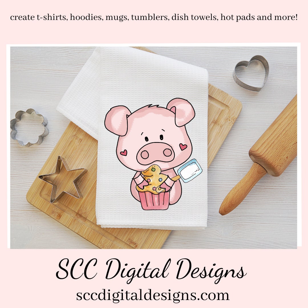 Sweet Pigs and Cupcakes Clipart, Pig with Cupcake, Fruit and Baking Equipment, Create Kitchen Towels, Tees and Mugs,  Scrapbook Elements