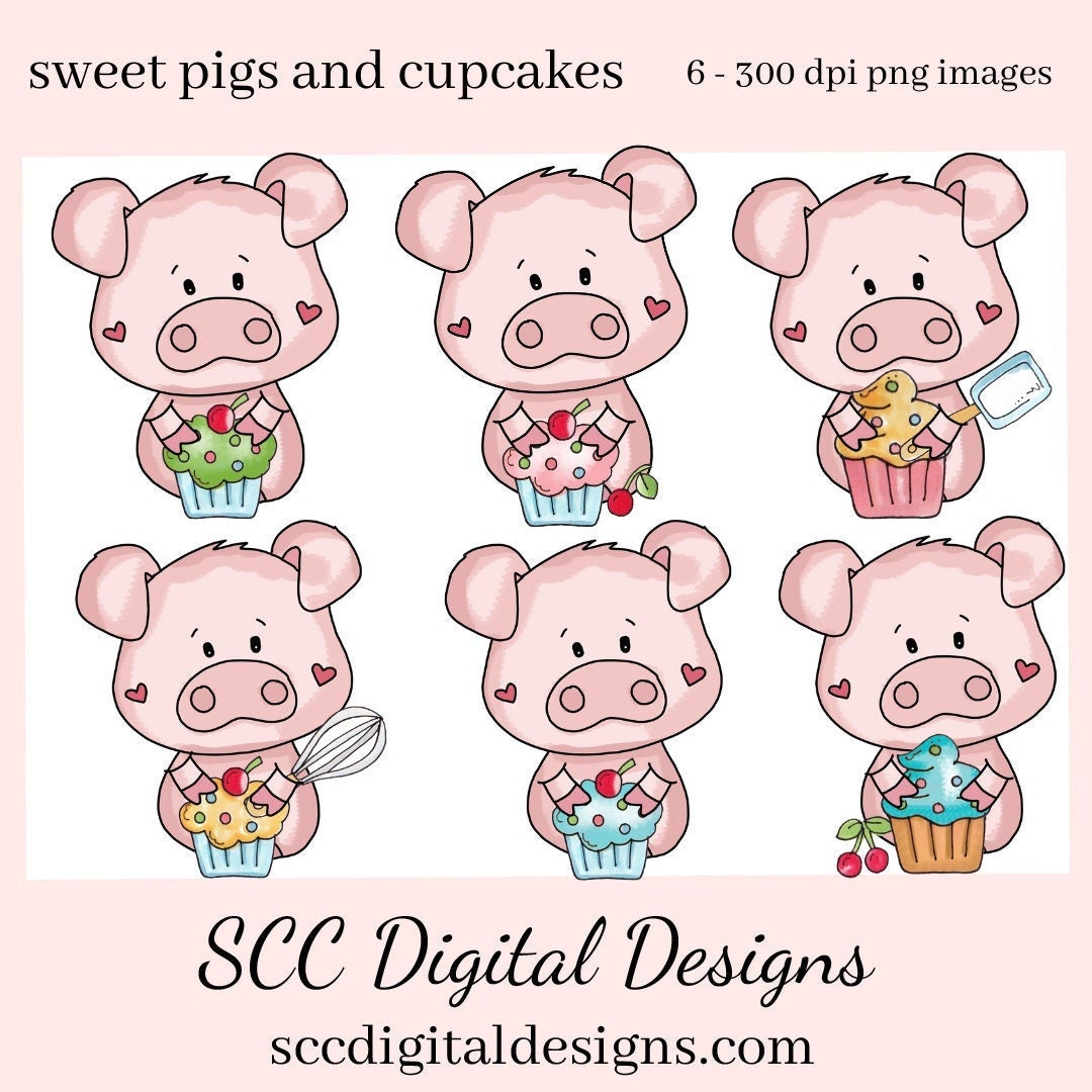 Sweet Pigs and Cupcakes Clipart, Pig with Cupcake, Fruit and Baking Equipment, Create Kitchen Towels, Tees and Mugs,  Scrapbook Elements