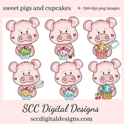 Sweet Pigs and Cupcakes Clipart, Pig with Cupcake, Fruit and Baking Equipment, Create Kitchen Towels, Tees and Mugs,  Scrapbook Elements