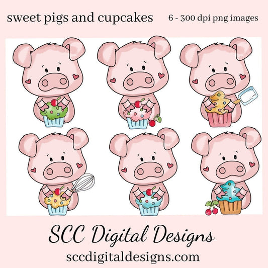Sweet Pigs and Cupcakes Clipart, Pig with Cupcake, Fruit and Baking Equipment, Create Kitchen Towels, Tees and Mugs,  Scrapbook Elements