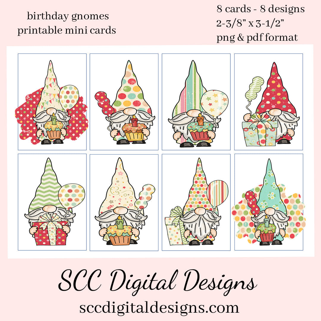 Birthday Gnome Printable Mini Cards - 8 Mini Cards With 4 Images - Instant Download - Create Kid's Party Invites or Greeting Cards