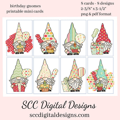 Birthday Gnome Printable Mini Cards - 8 Mini Cards With 4 Images - Instant Download - Create Kid's Party Invites or Greeting Cards