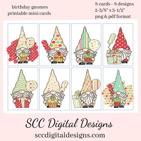 Birthday Gnome Printable Mini Cards - 8 Mini Cards With 4 Images - Instant Download - Create Kid's Party Invites or Greeting Cards
