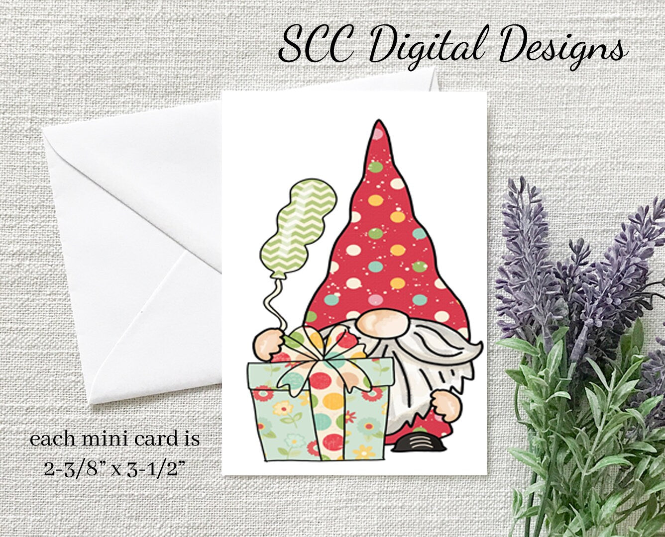 Birthday Gnome Printable Mini Cards - 8 Mini Cards With 4 Images - Instant Download - Create Kid's Party Invites or Greeting Cards