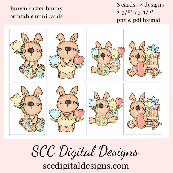 Brown Easter Bunny Printable Mini Cards - 8 Mini Cards With 4 Images, Instant Download - Create Tags for Kid's School Party or Greeting Card