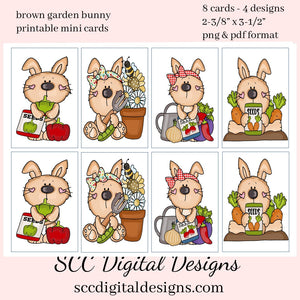 Brown Garden Bunny Printable Mini Cards - 8 Mini Cards With 4 Images, Instant Download, Gift for the Garden Lover, Plant Gift Tag