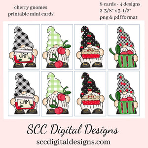 Cherry Gnomes Printable Mini Cards - 8 Mini Cards With 4 Images, Instant Download, Create Jelly Jar Tags, Gift Tag for Jam or Pie Lover